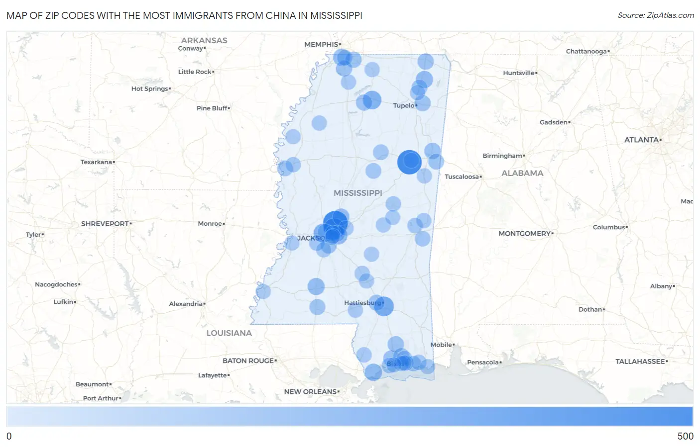 Zip Codes with the Most Immigrants from China in Mississippi Map
