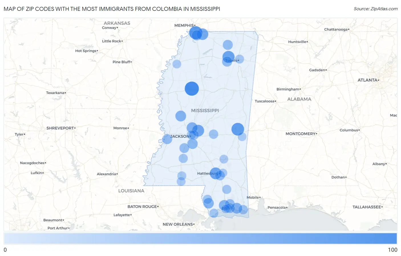 Zip Codes with the Most Immigrants from Colombia in Mississippi Map