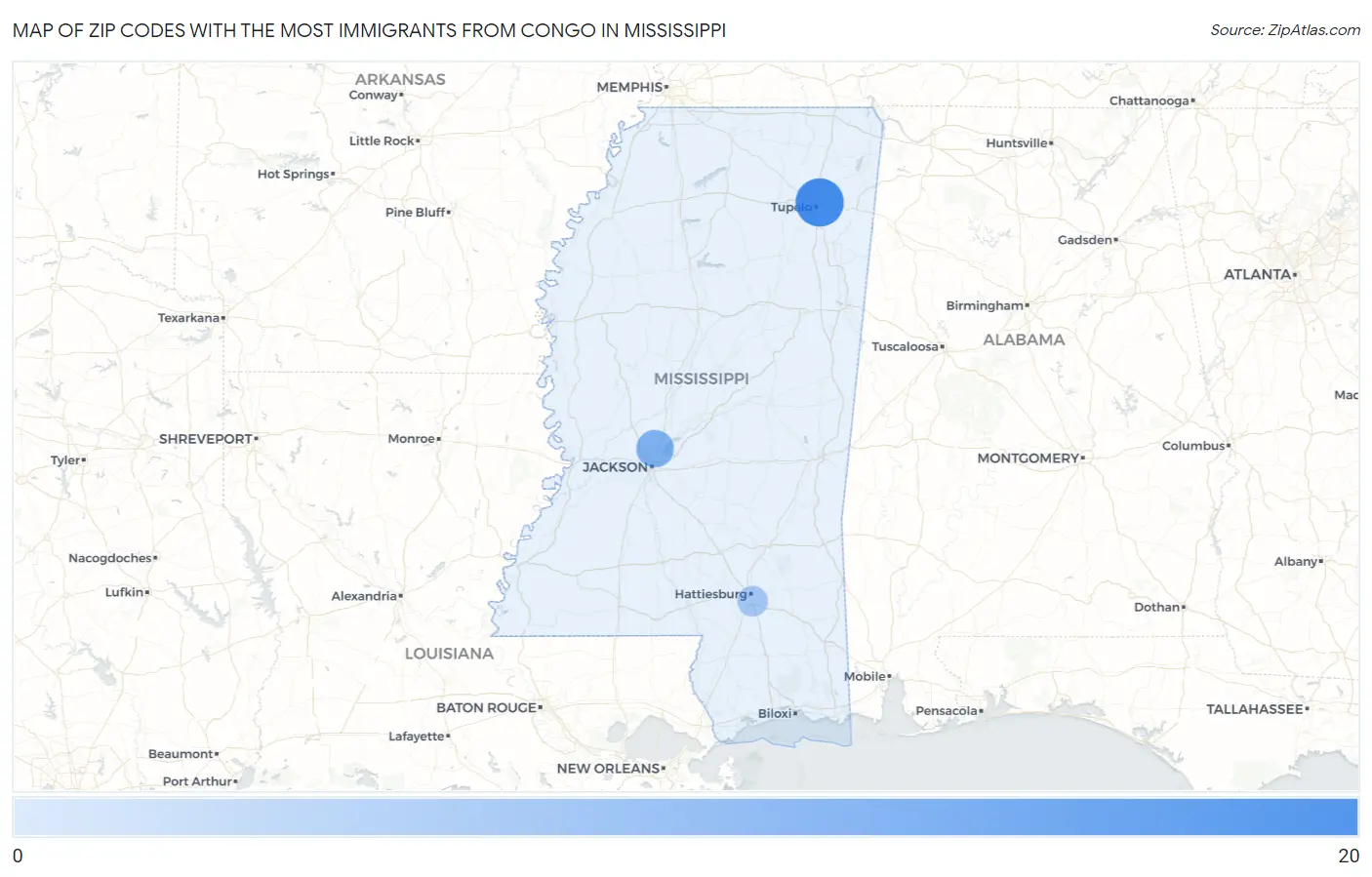 Zip Codes with the Most Immigrants from Congo in Mississippi Map