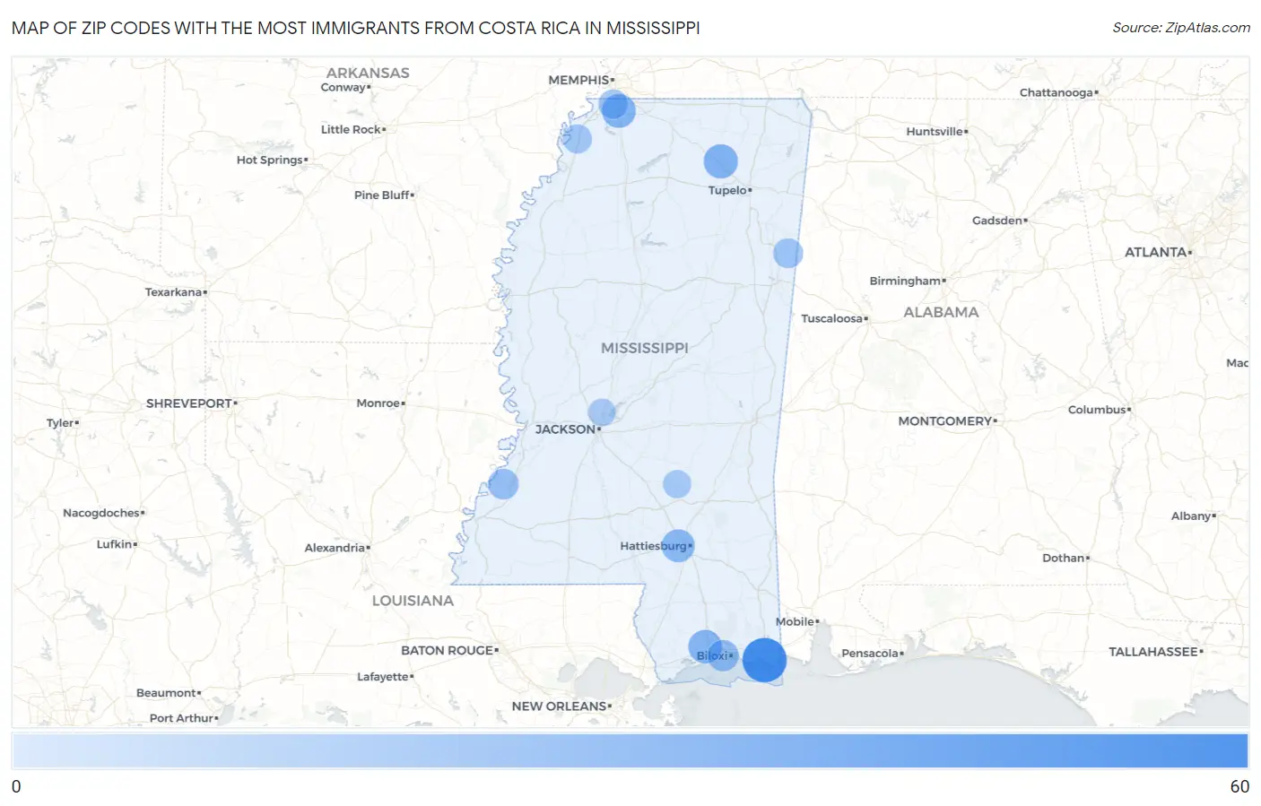 Zip Codes with the Most Immigrants from Costa Rica in Mississippi Map