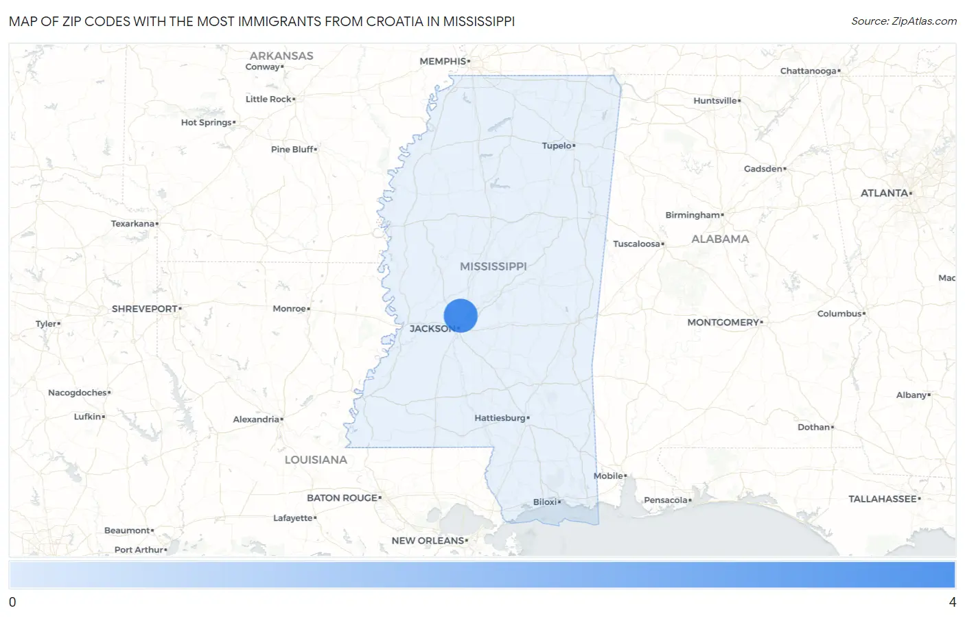 Zip Codes with the Most Immigrants from Croatia in Mississippi Map