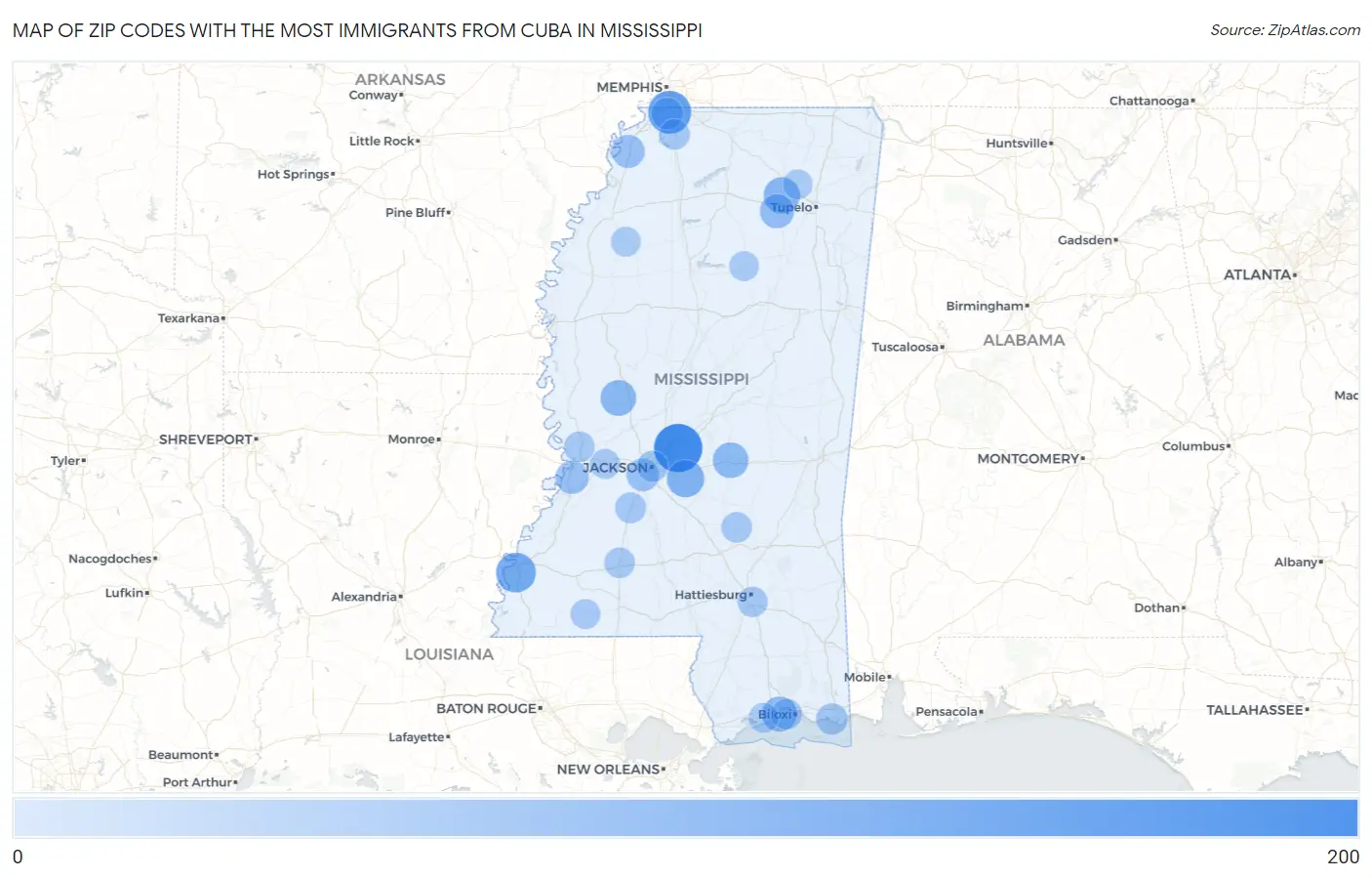 Zip Codes with the Most Immigrants from Cuba in Mississippi Map