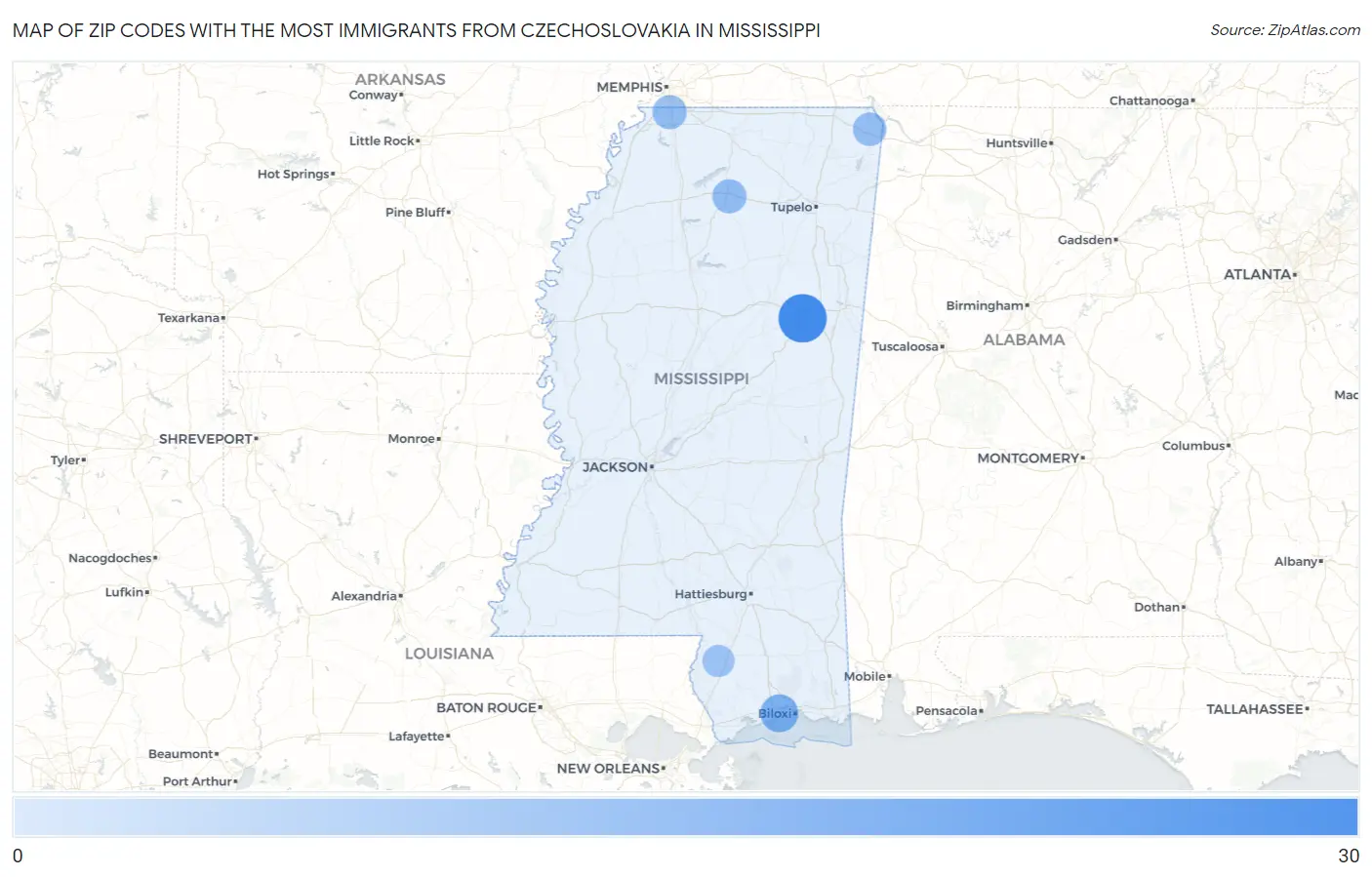 Zip Codes with the Most Immigrants from Czechoslovakia in Mississippi Map