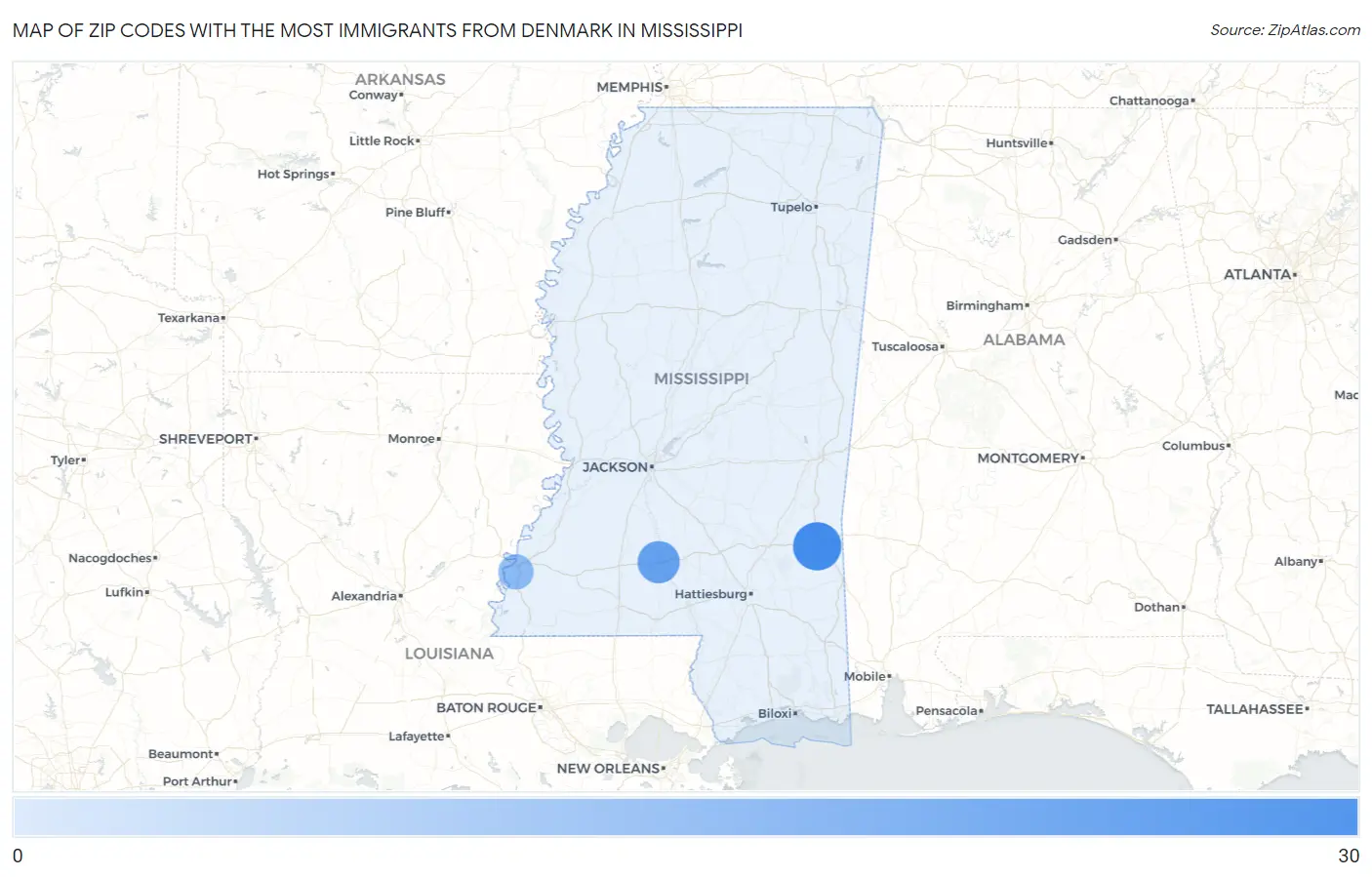 Zip Codes with the Most Immigrants from Denmark in Mississippi Map