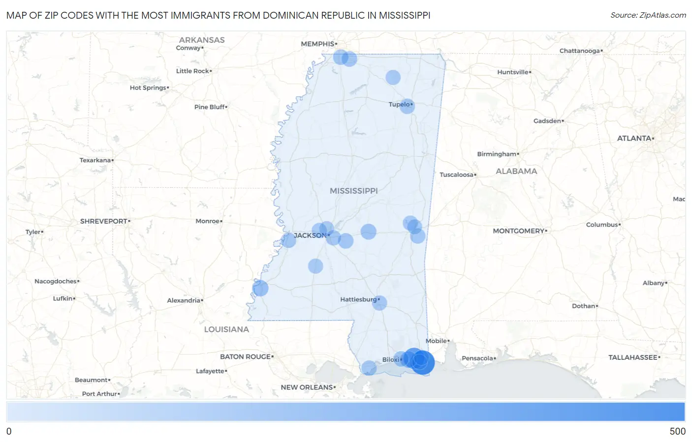Zip Codes with the Most Immigrants from Dominican Republic in Mississippi Map