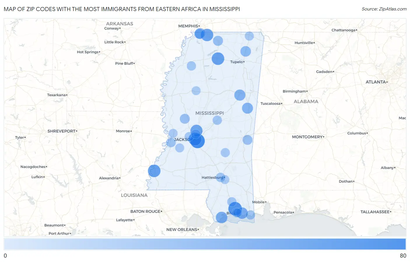 Zip Codes with the Most Immigrants from Eastern Africa in Mississippi Map