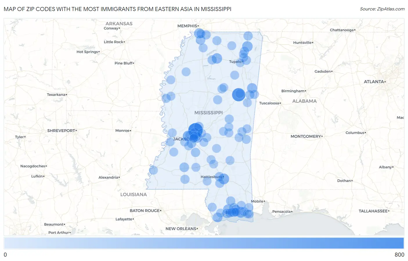 Zip Codes with the Most Immigrants from Eastern Asia in Mississippi Map