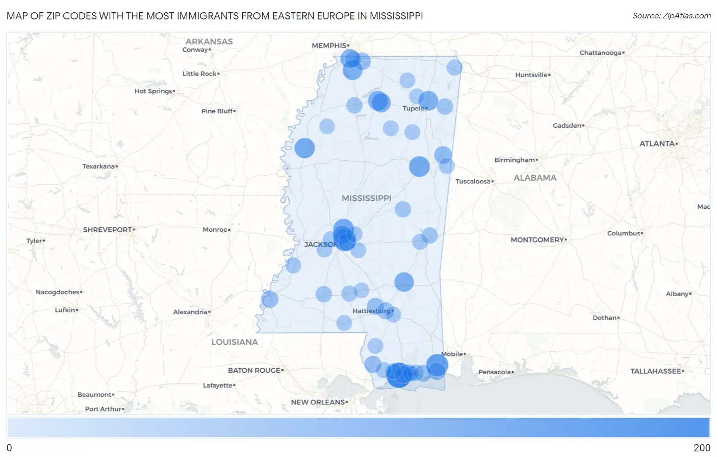 Zip Codes with the Most Immigrants from Eastern Europe in Mississippi Map