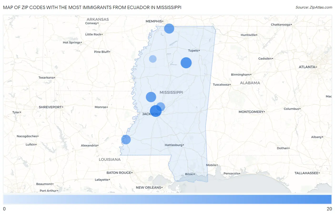 Zip Codes with the Most Immigrants from Ecuador in Mississippi Map