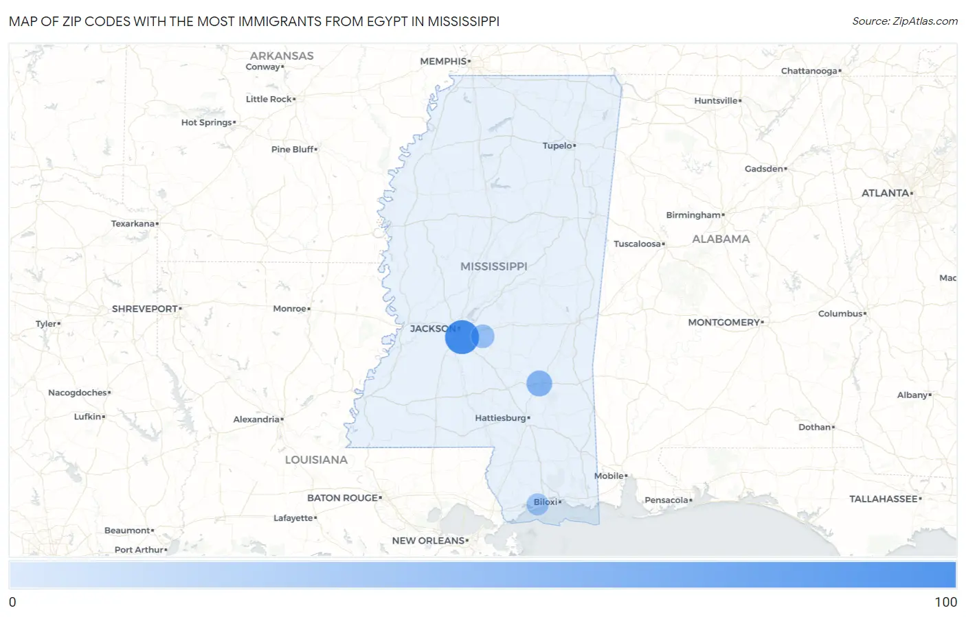 Zip Codes with the Most Immigrants from Egypt in Mississippi Map
