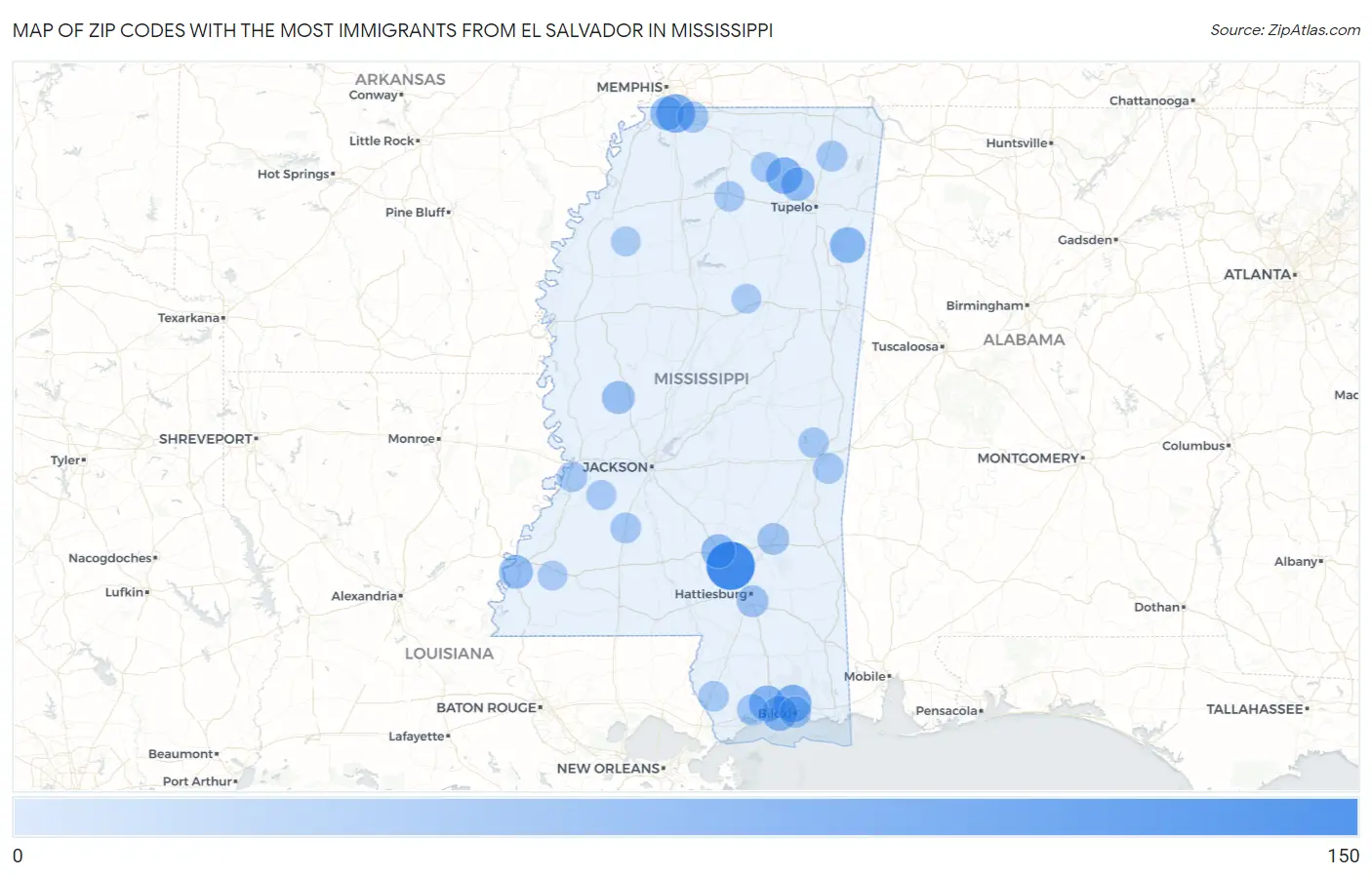 Zip Codes with the Most Immigrants from El Salvador in Mississippi Map