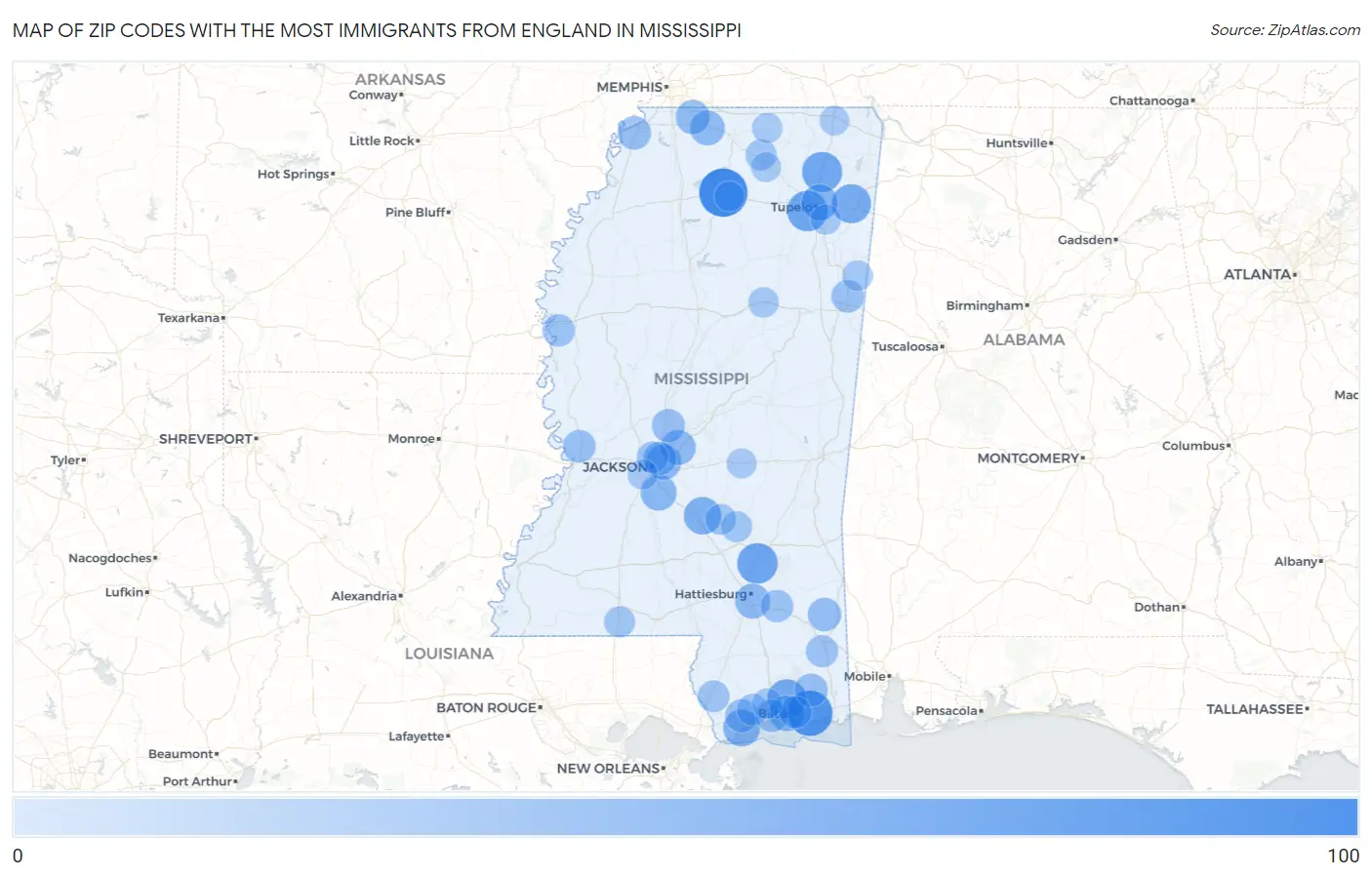 Zip Codes with the Most Immigrants from England in Mississippi Map