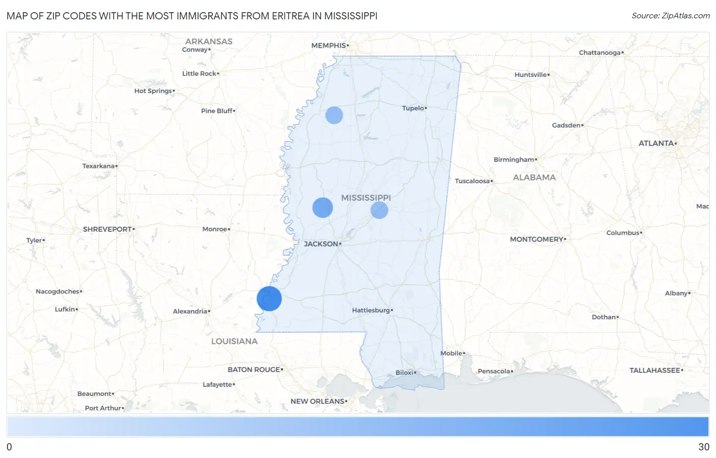 Zip Codes with the Most Immigrants from Eritrea in Mississippi Map