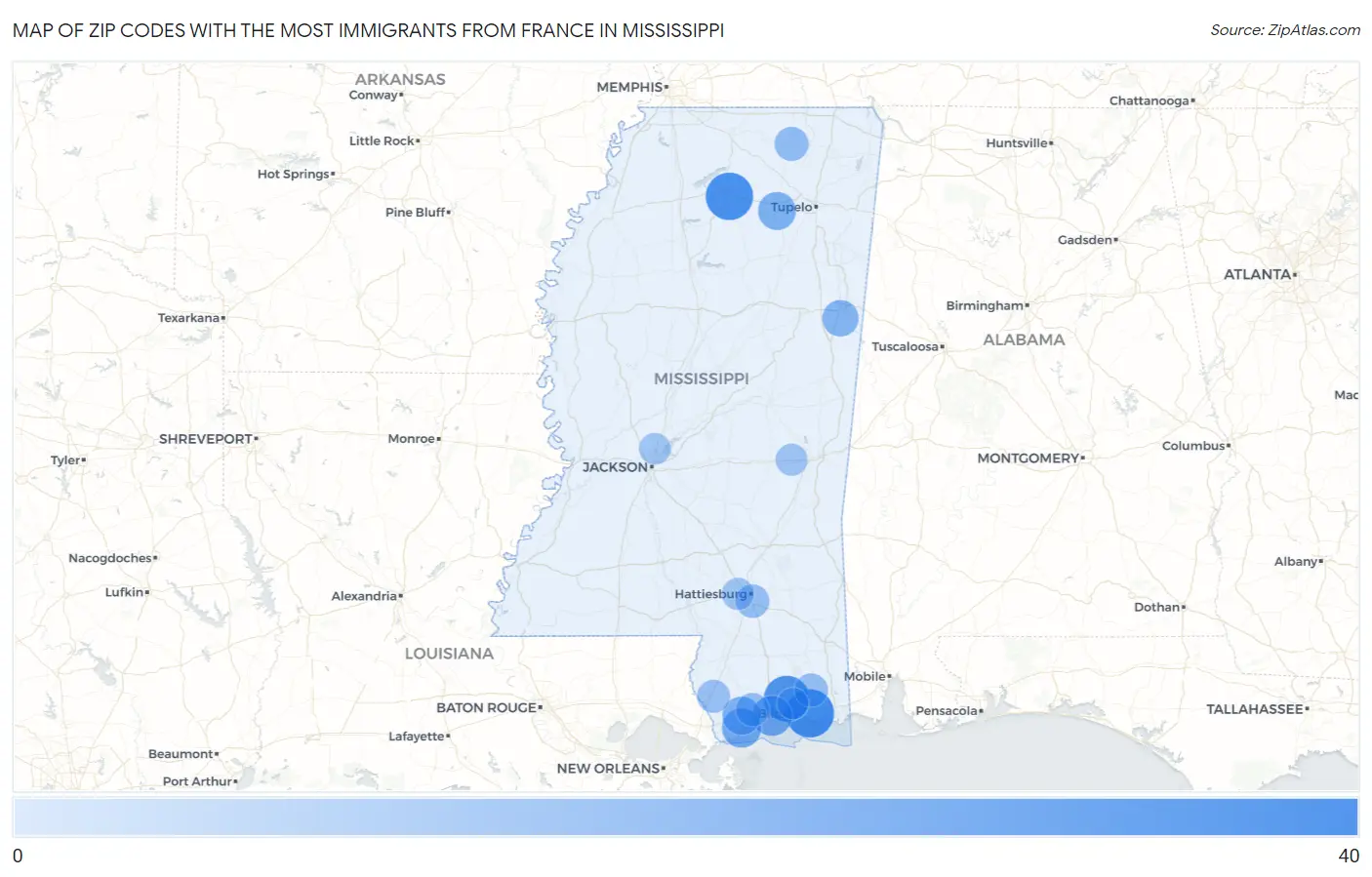 Zip Codes with the Most Immigrants from France in Mississippi Map