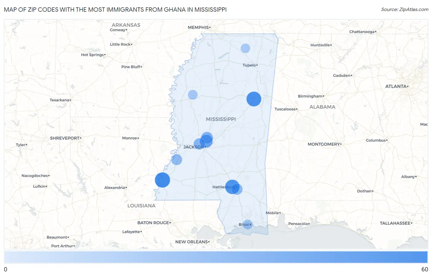 Zip Codes with the Most Immigrants from Ghana in Mississippi Map