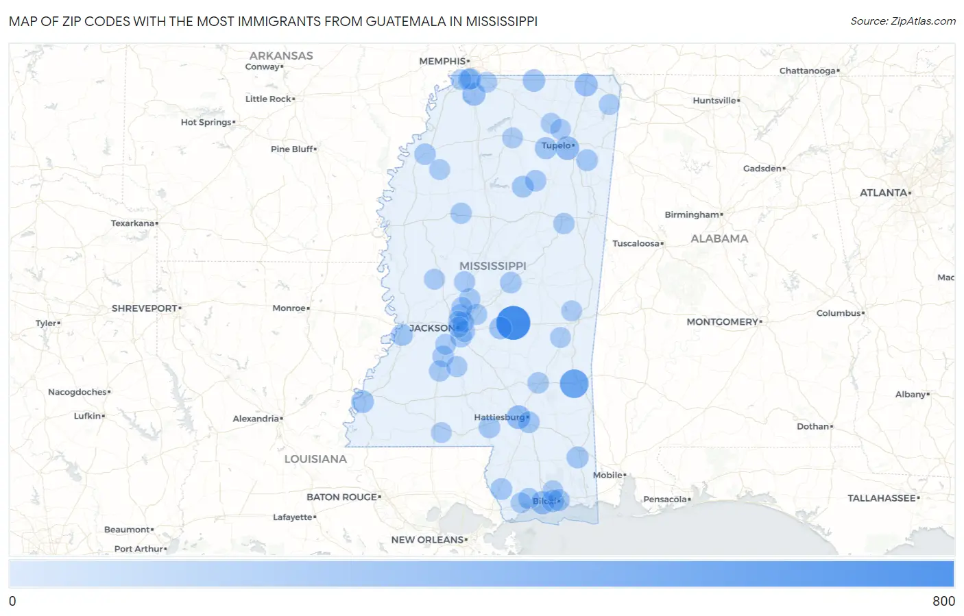 Zip Codes with the Most Immigrants from Guatemala in Mississippi Map