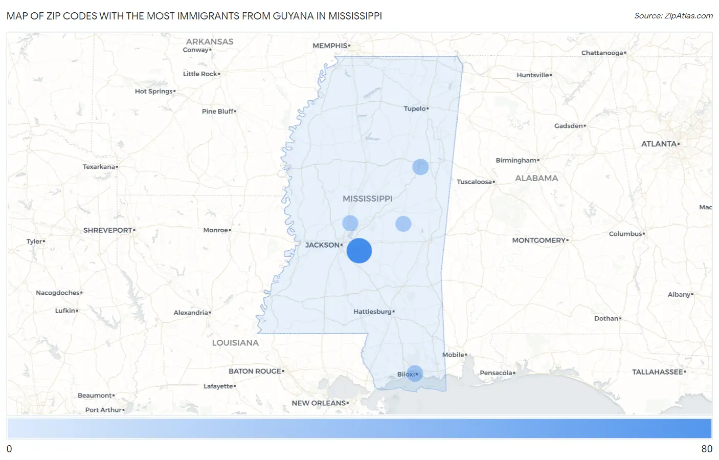 Zip Codes with the Most Immigrants from Guyana in Mississippi Map