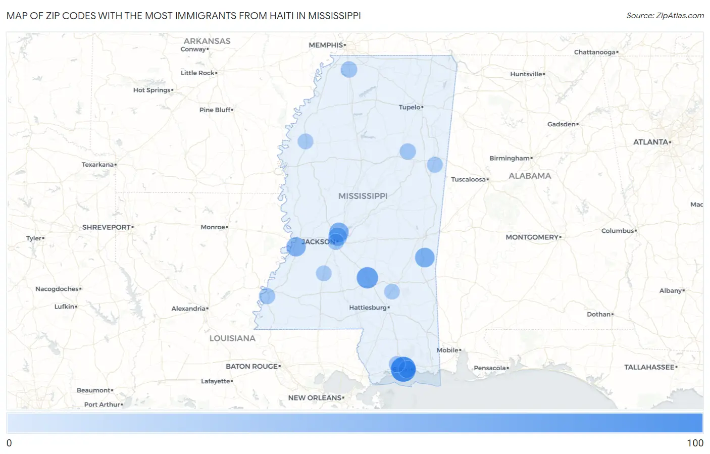 Zip Codes with the Most Immigrants from Haiti in Mississippi Map