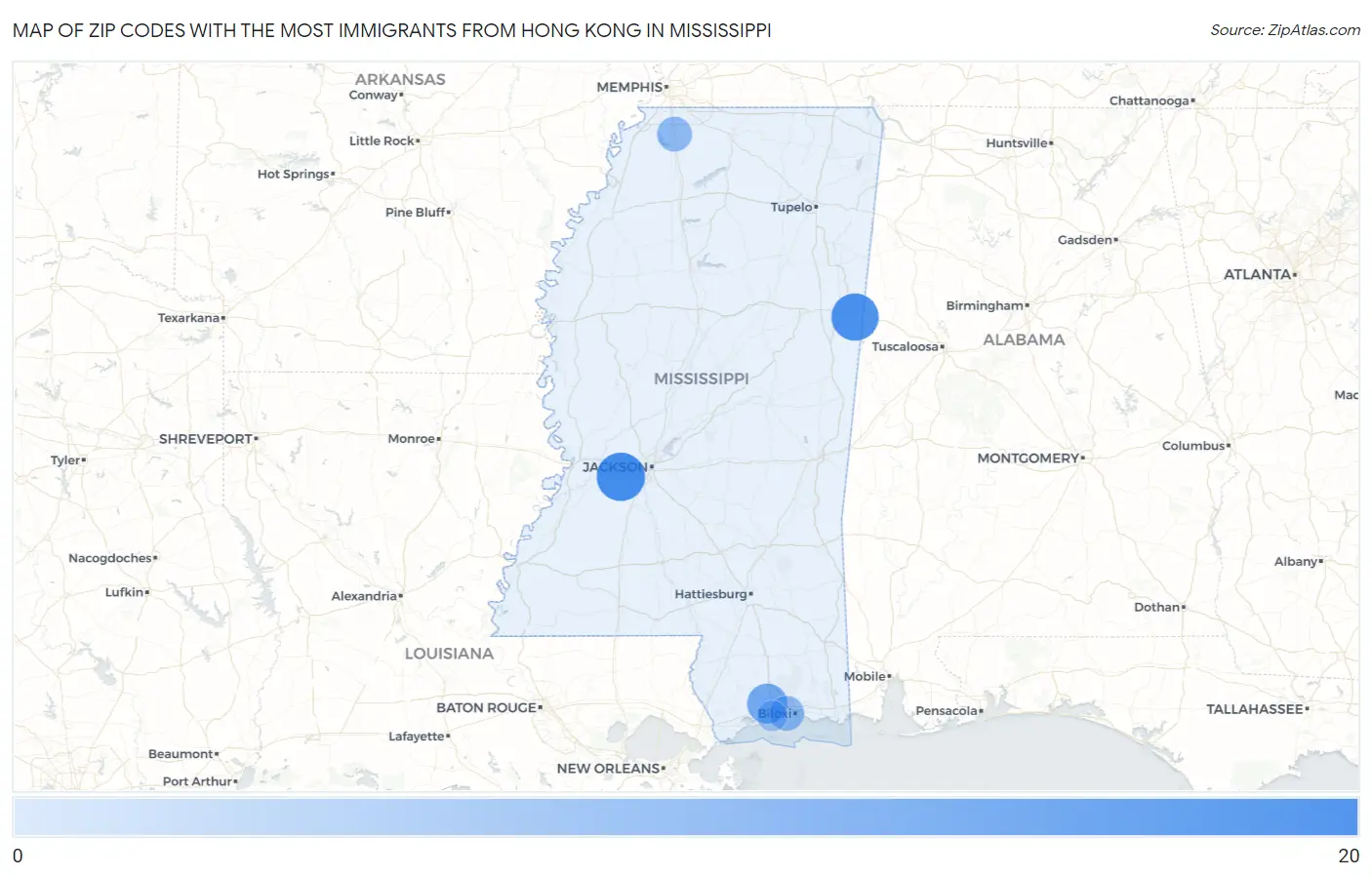 Zip Codes with the Most Immigrants from Hong Kong in Mississippi Map