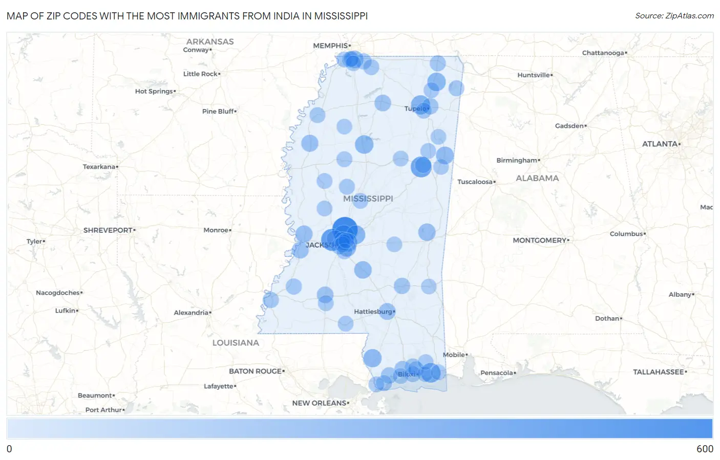 Zip Codes with the Most Immigrants from India in Mississippi Map