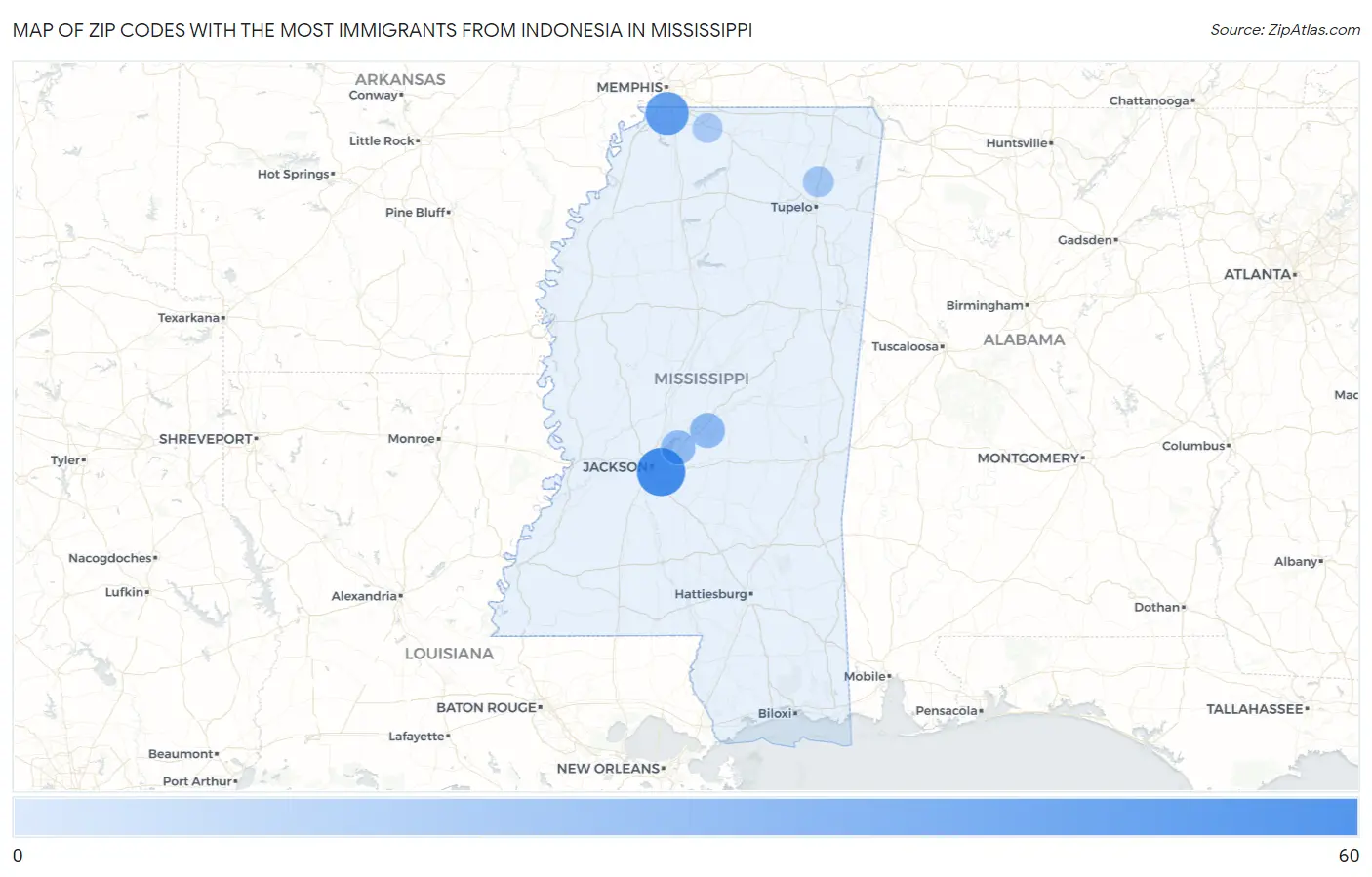 Zip Codes with the Most Immigrants from Indonesia in Mississippi Map