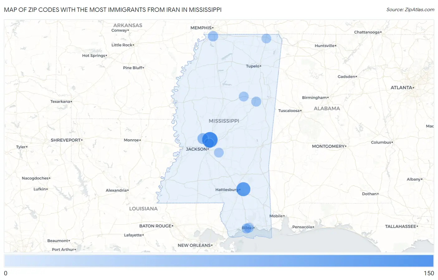 Zip Codes with the Most Immigrants from Iran in Mississippi Map