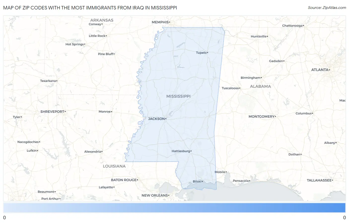 Zip Codes with the Most Immigrants from Iraq in Mississippi Map