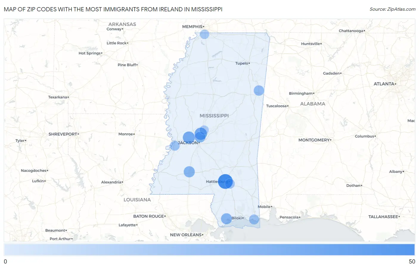Zip Codes with the Most Immigrants from Ireland in Mississippi Map