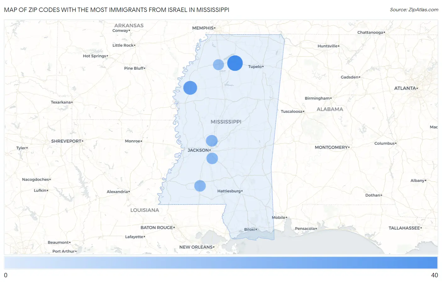 Zip Codes with the Most Immigrants from Israel in Mississippi Map
