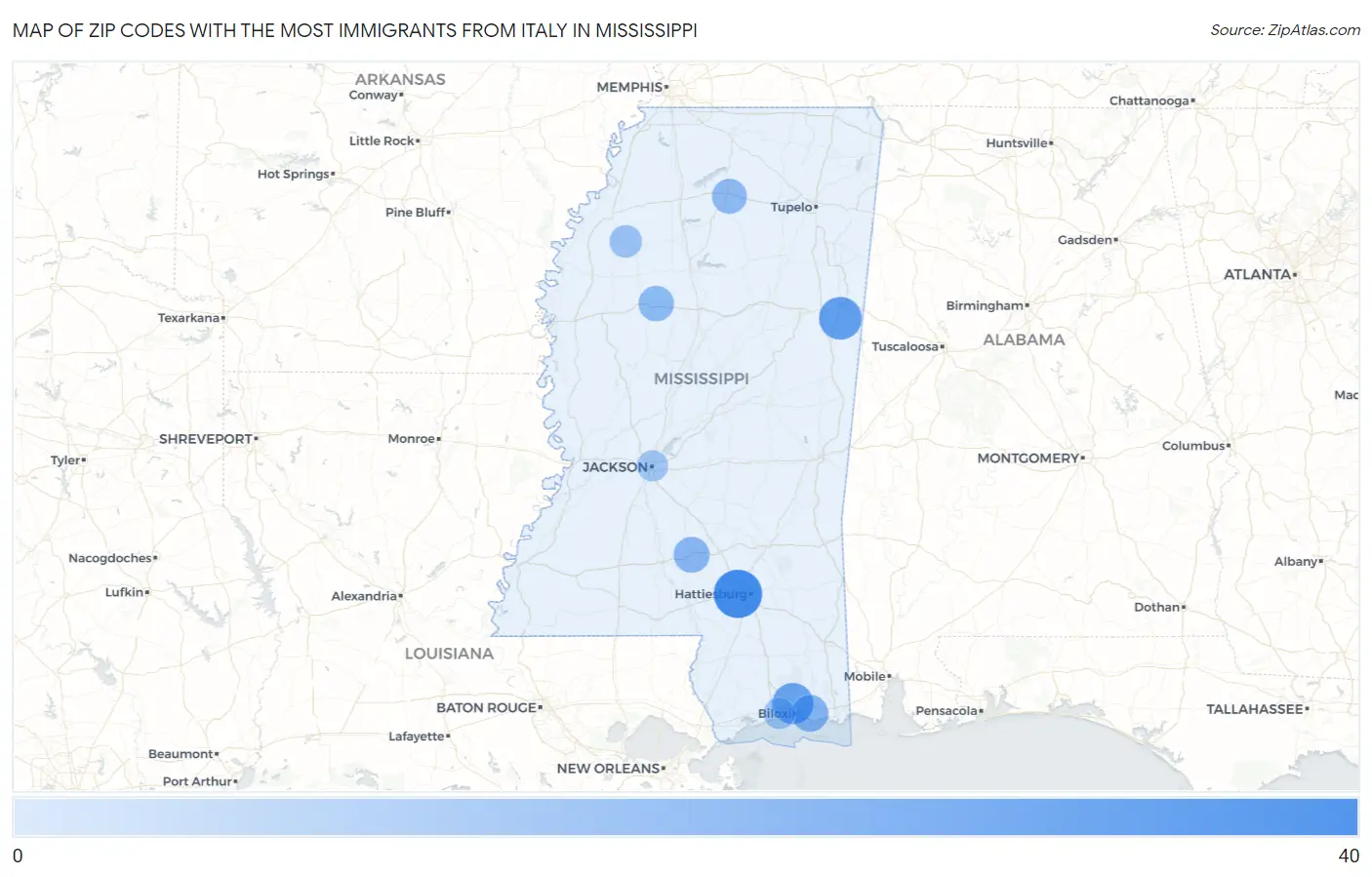 Zip Codes with the Most Immigrants from Italy in Mississippi Map