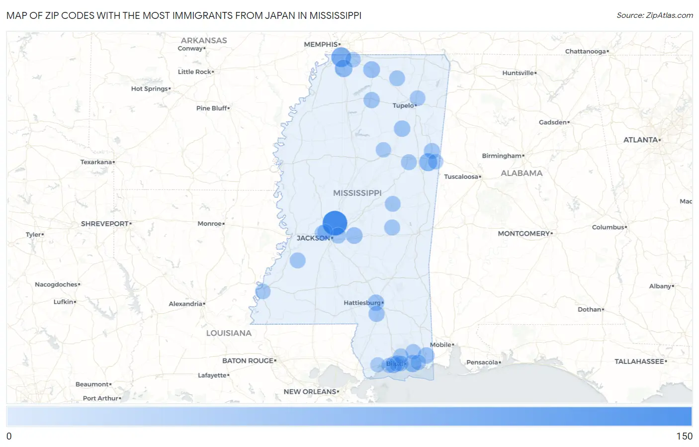 Zip Codes with the Most Immigrants from Japan in Mississippi Map