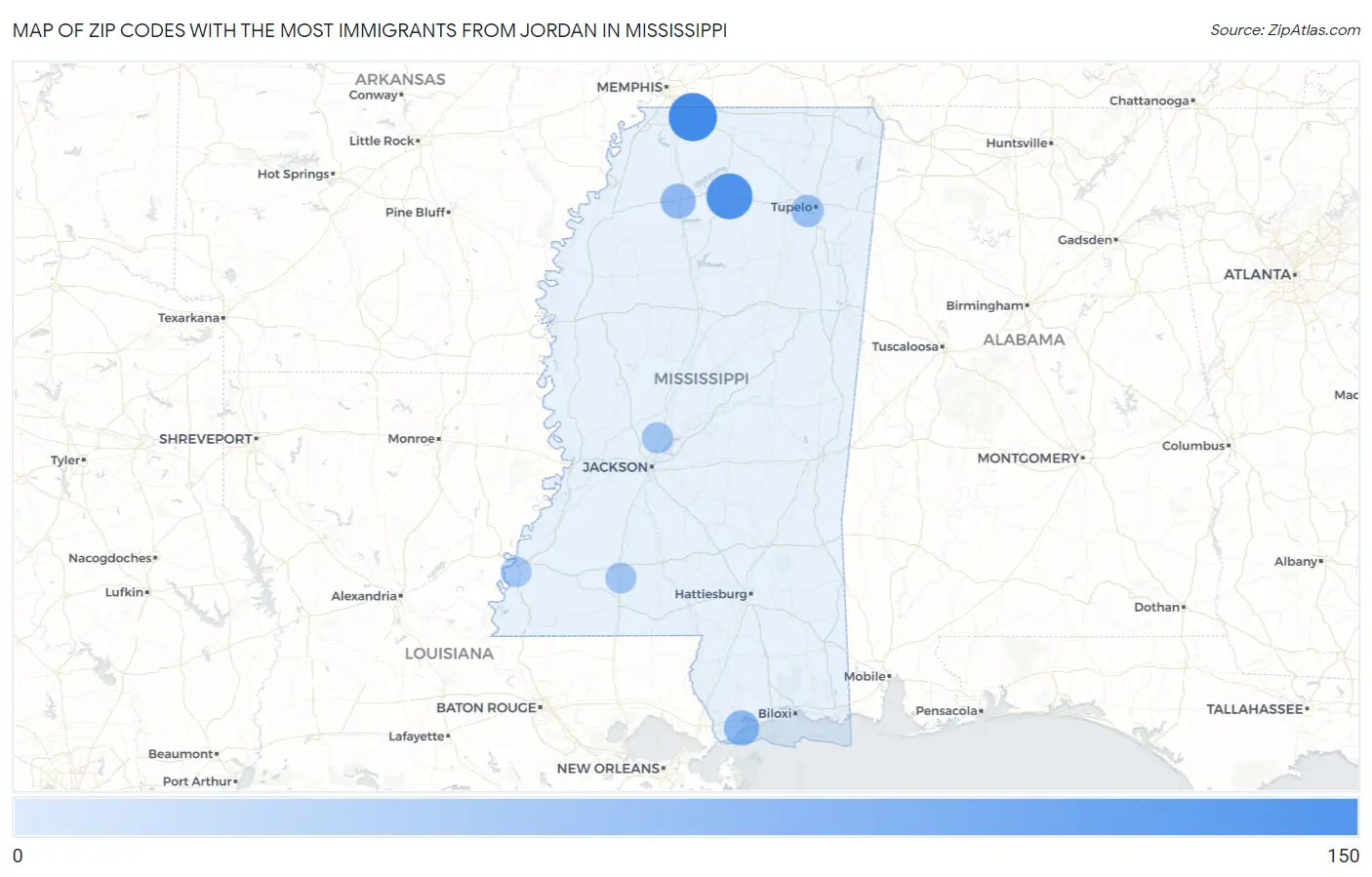 Zip Codes with the Most Immigrants from Jordan in Mississippi Map