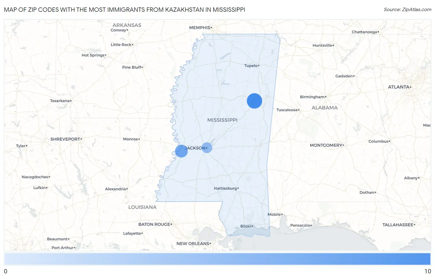 Zip Codes with the Most Immigrants from Kazakhstan in Mississippi Map