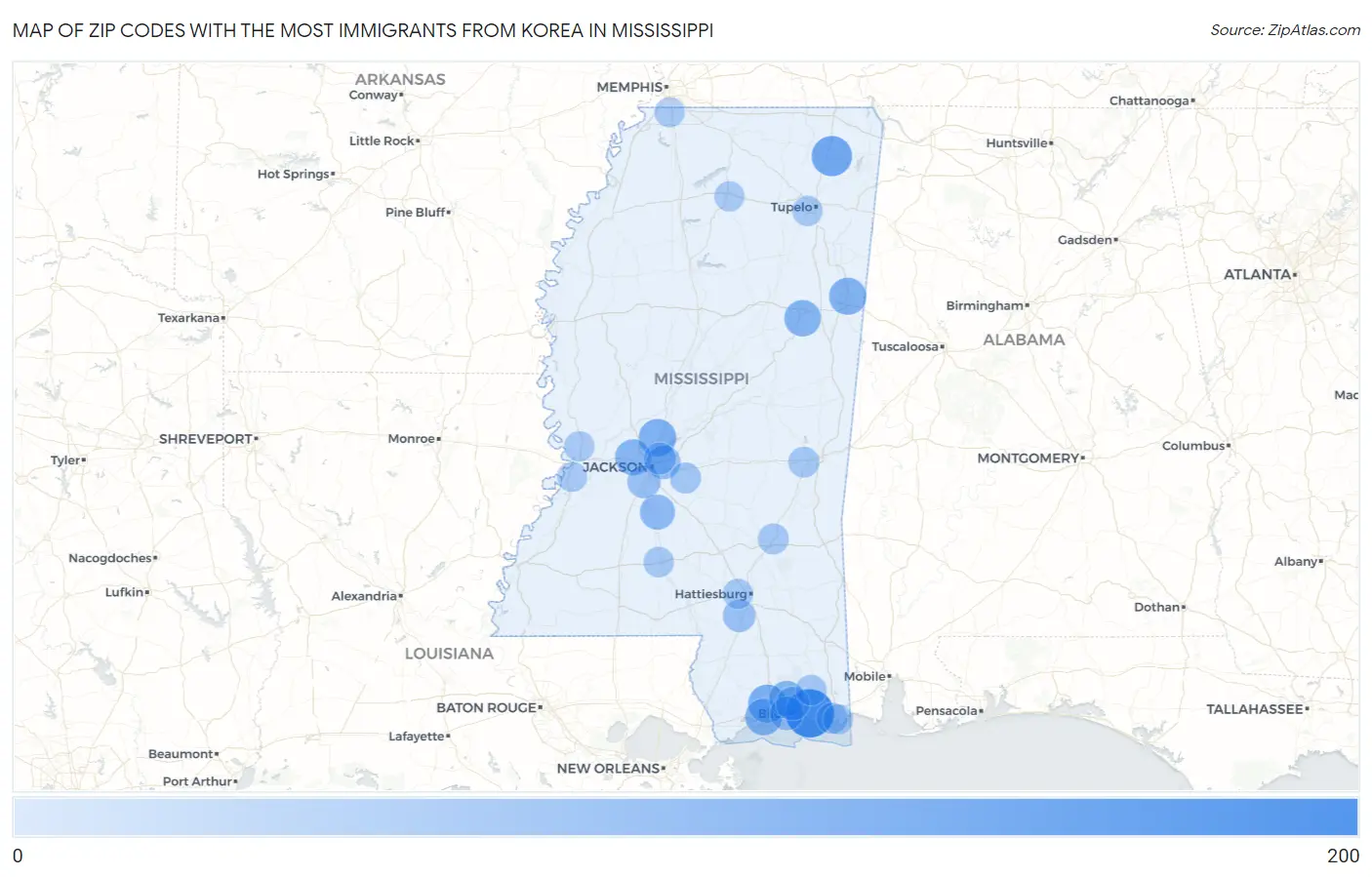 Zip Codes with the Most Immigrants from Korea in Mississippi Map