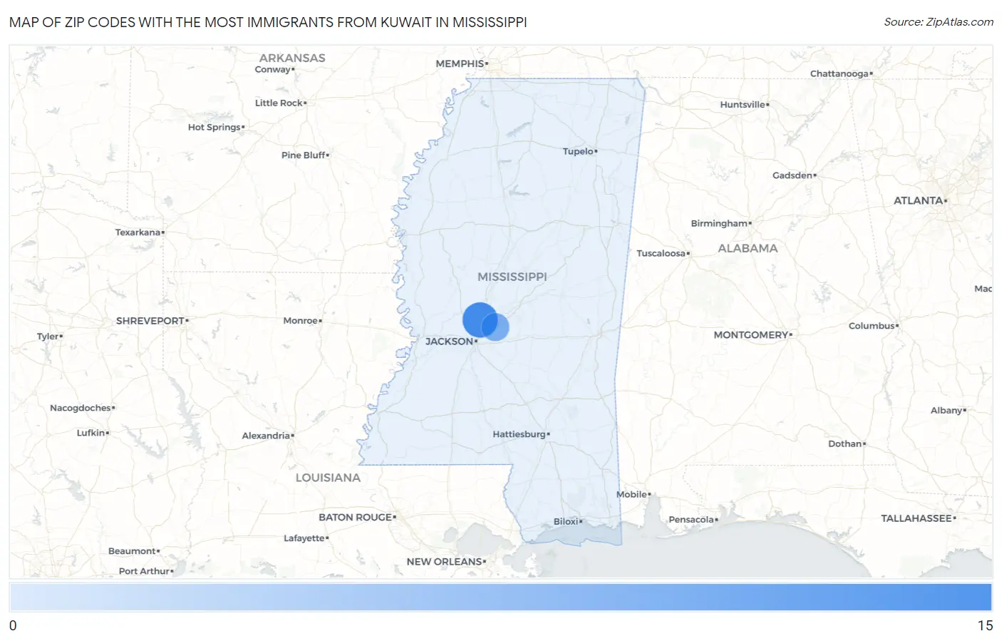 Zip Codes with the Most Immigrants from Kuwait in Mississippi Map