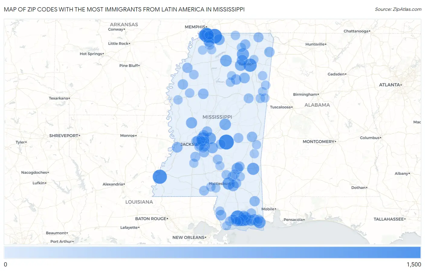 Zip Codes with the Most Immigrants from Latin America in Mississippi Map
