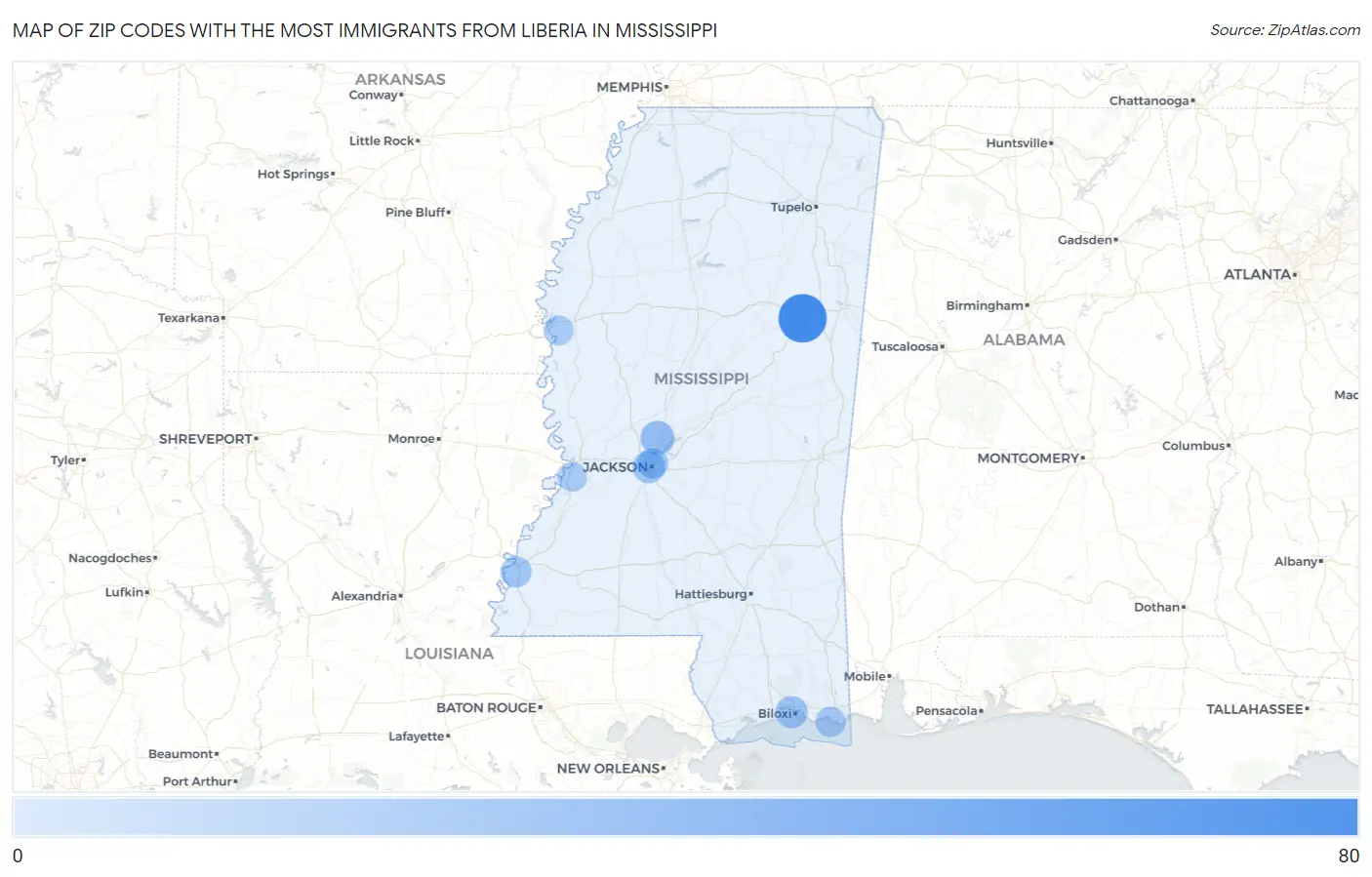 Zip Codes with the Most Immigrants from Liberia in Mississippi Map