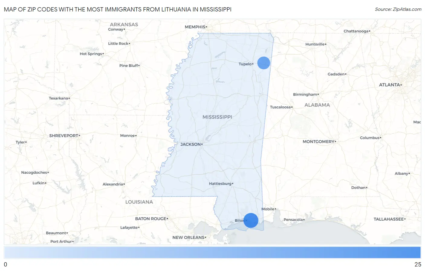 Zip Codes with the Most Immigrants from Lithuania in Mississippi Map