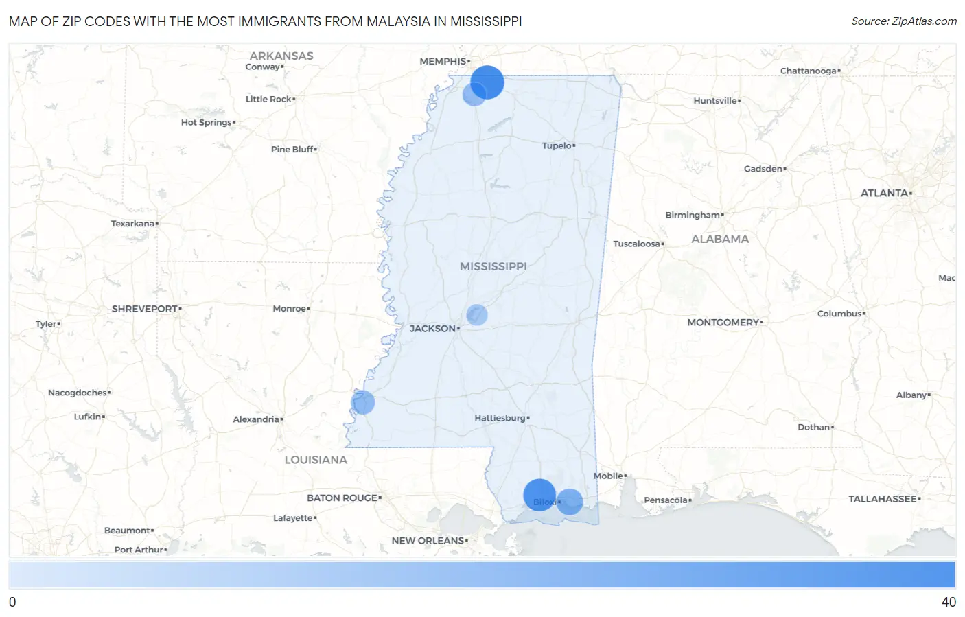 Zip Codes with the Most Immigrants from Malaysia in Mississippi Map