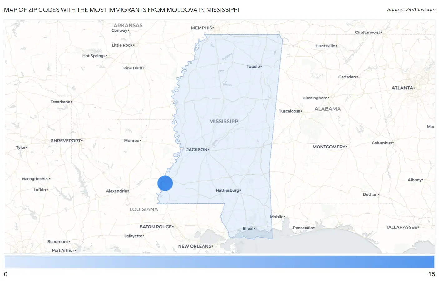 Zip Codes with the Most Immigrants from Moldova in Mississippi Map
