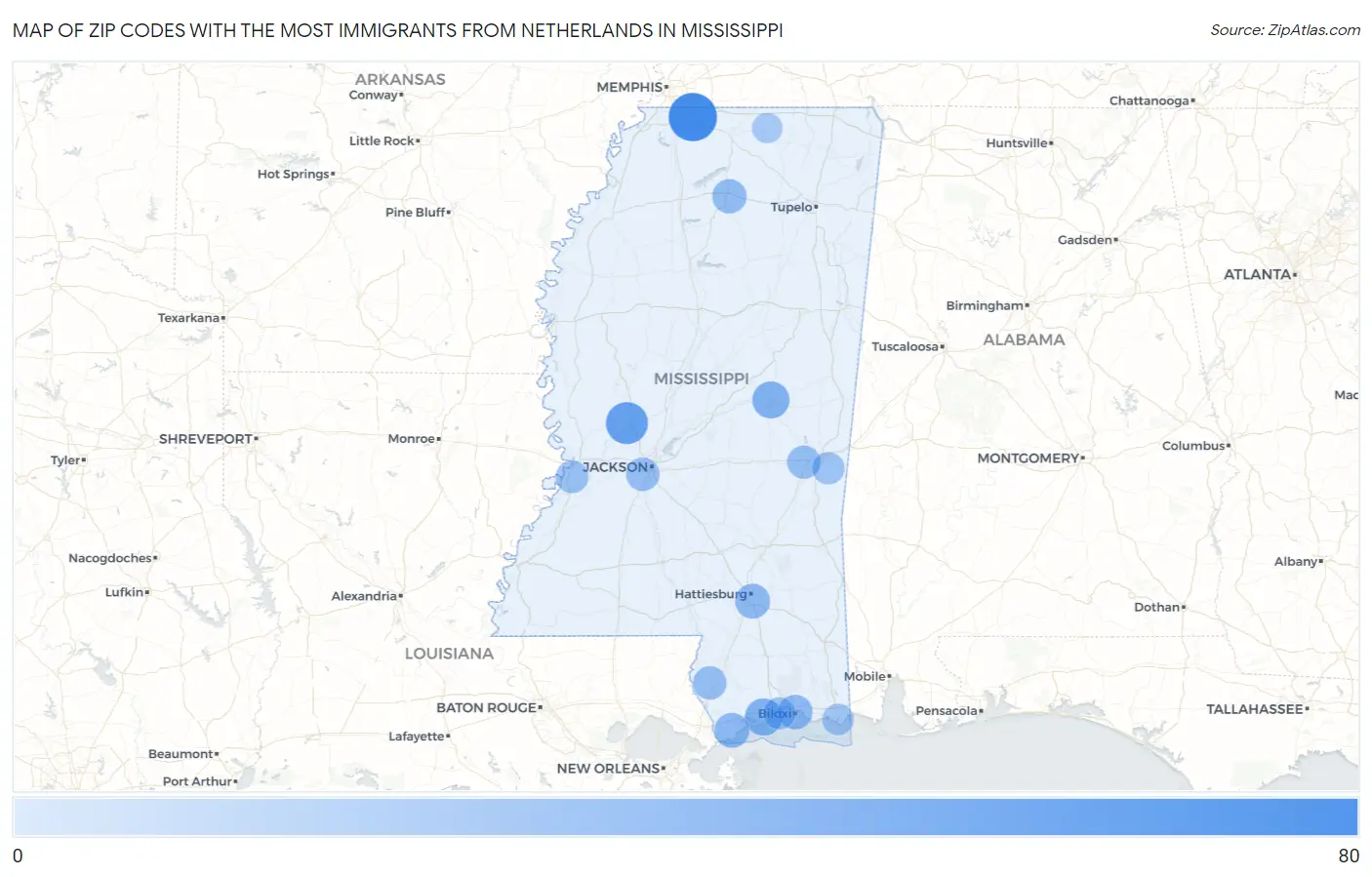 Zip Codes with the Most Immigrants from Netherlands in Mississippi Map