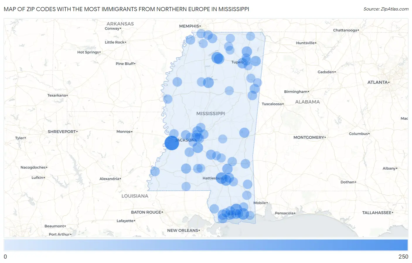 Zip Codes with the Most Immigrants from Northern Europe in Mississippi Map