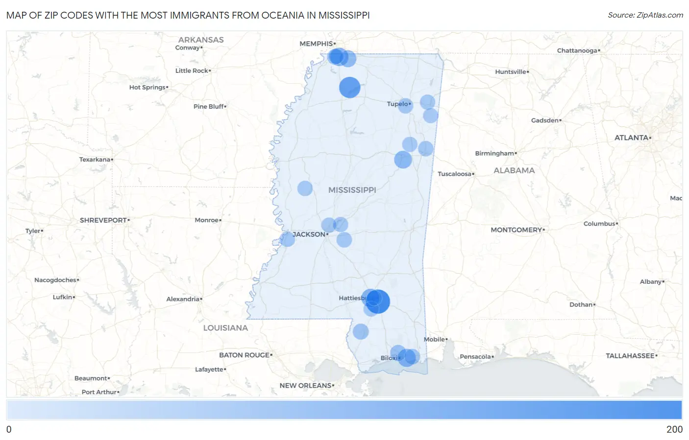 Zip Codes with the Most Immigrants from Oceania in Mississippi Map