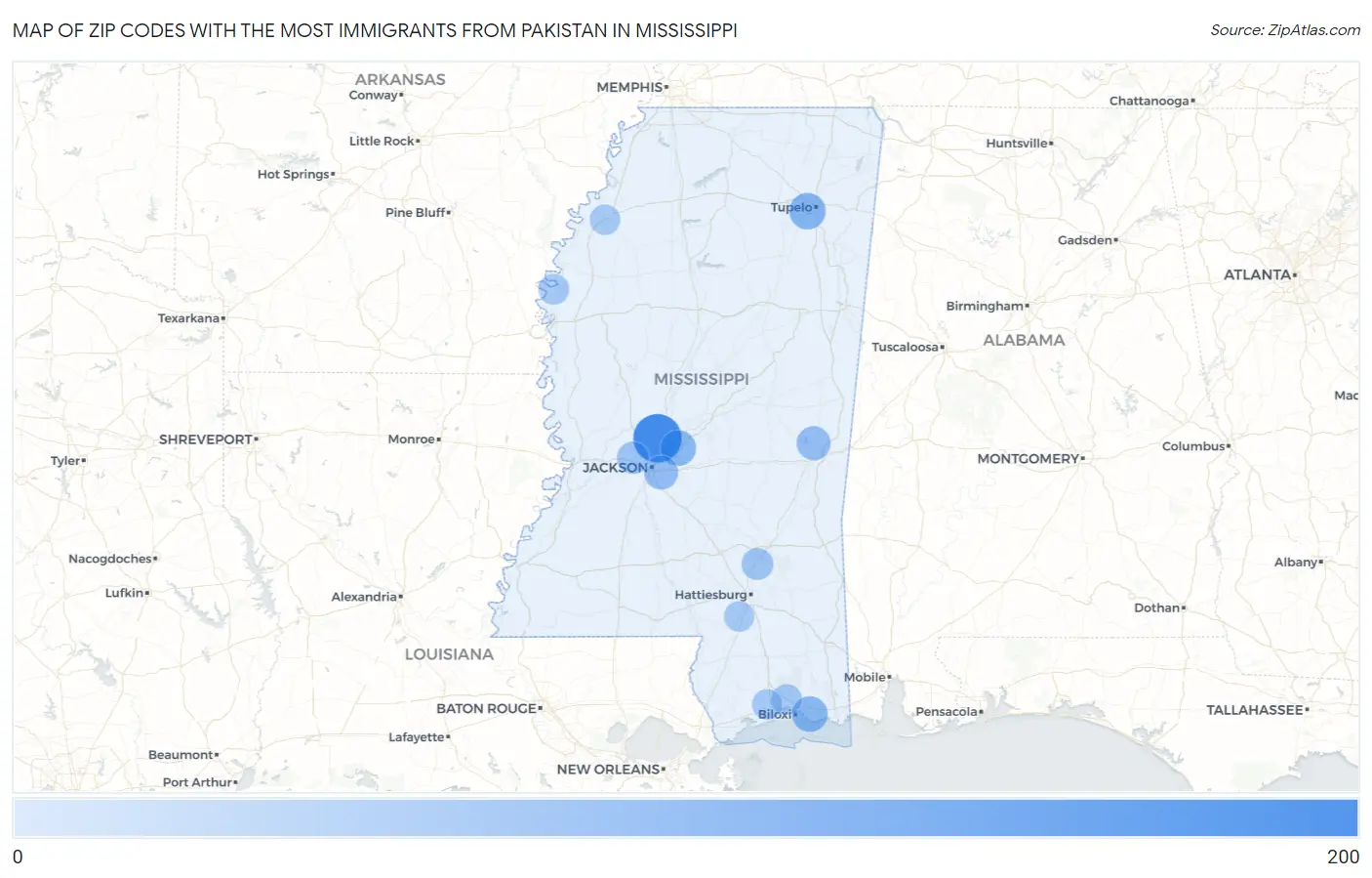 Zip Codes with the Most Immigrants from Pakistan in Mississippi Map
