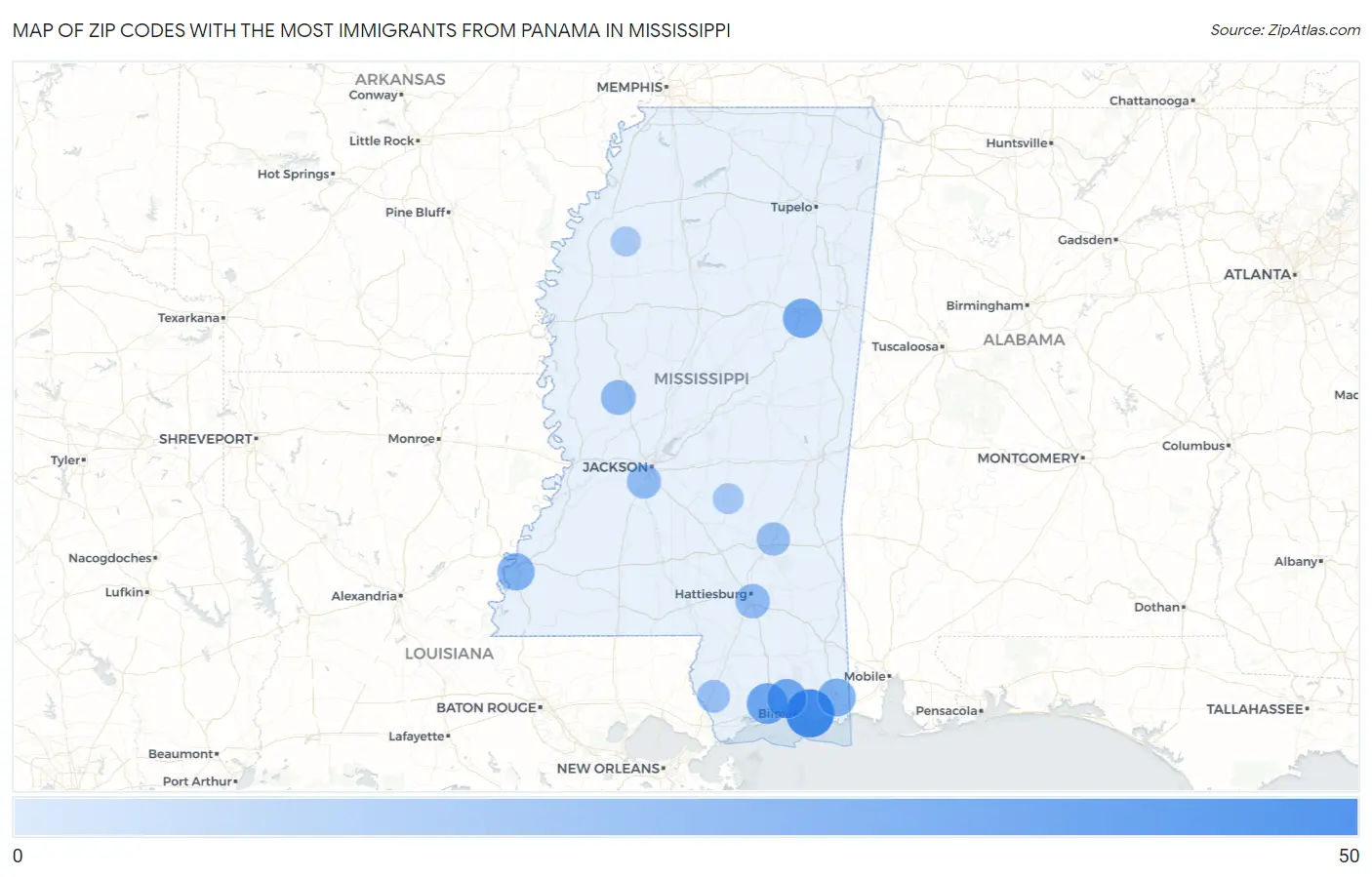 Zip Codes with the Most Immigrants from Panama in Mississippi Map
