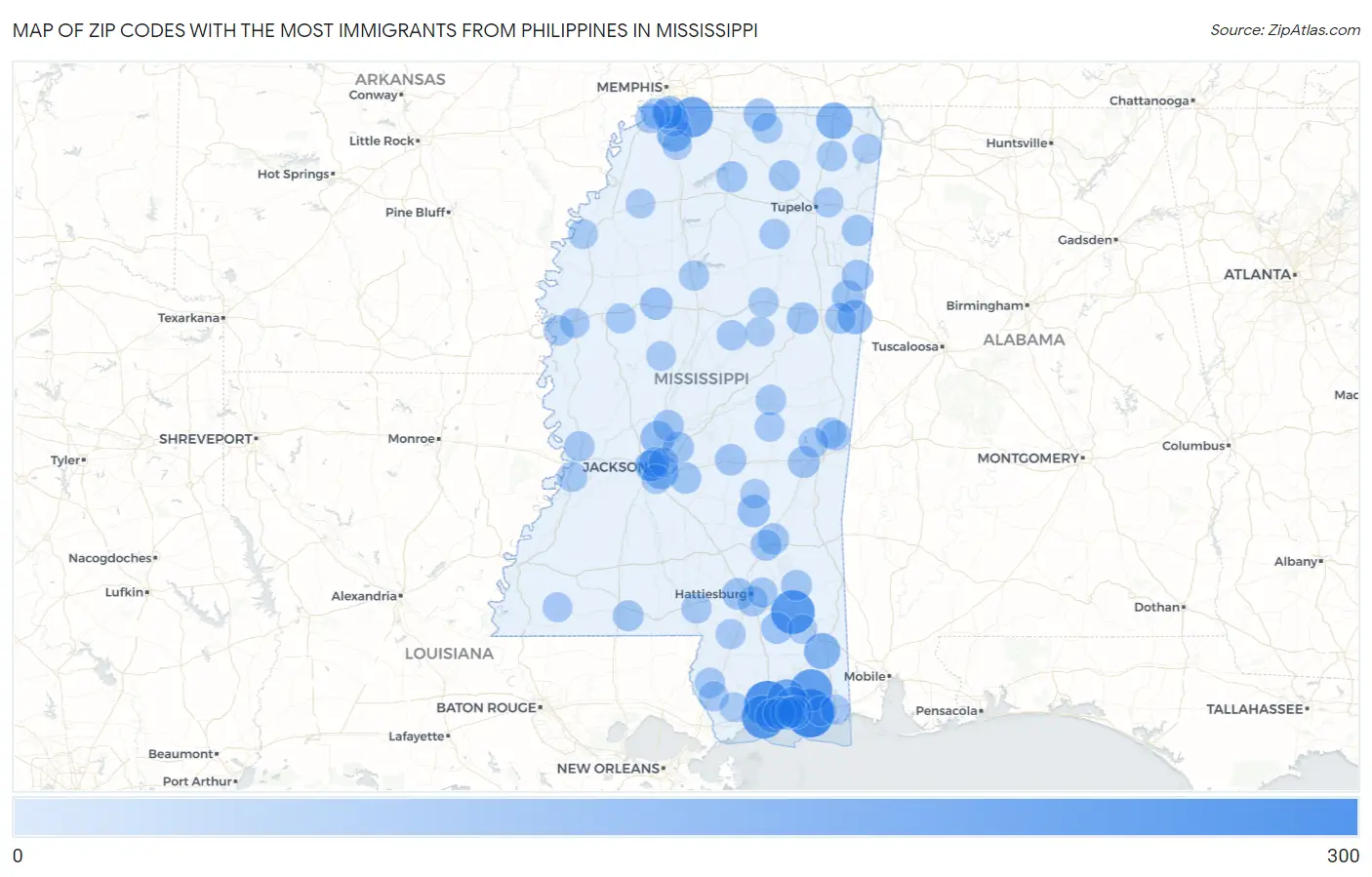 Zip Codes with the Most Immigrants from Philippines in Mississippi Map