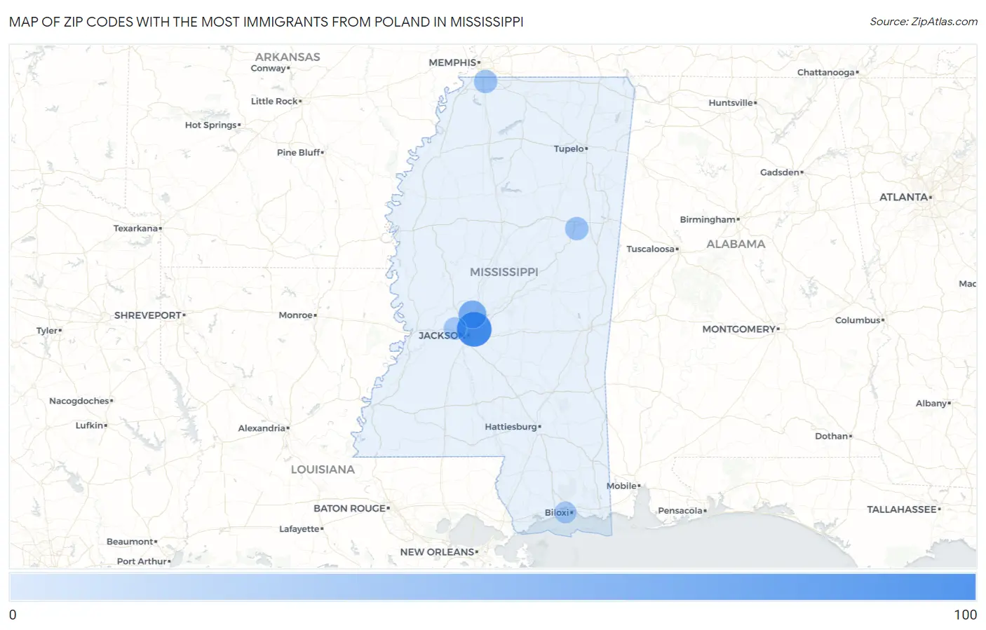 Zip Codes with the Most Immigrants from Poland in Mississippi Map