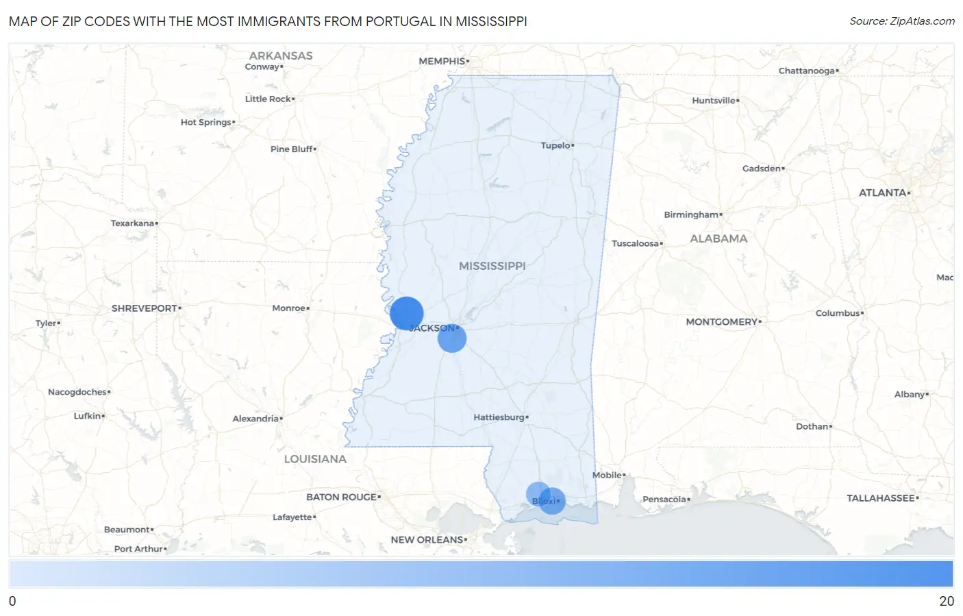 Zip Codes with the Most Immigrants from Portugal in Mississippi Map