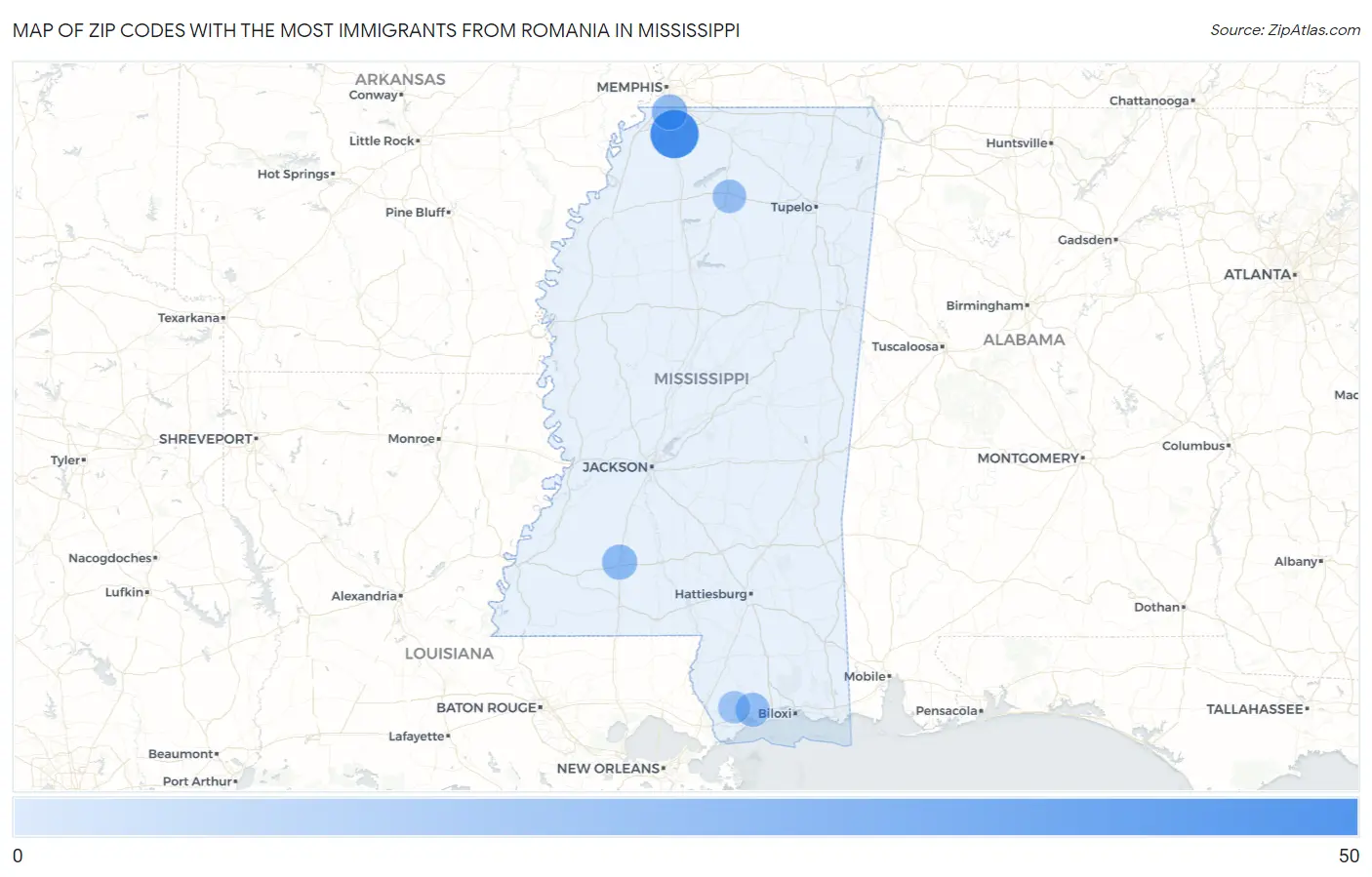 Zip Codes with the Most Immigrants from Romania in Mississippi Map