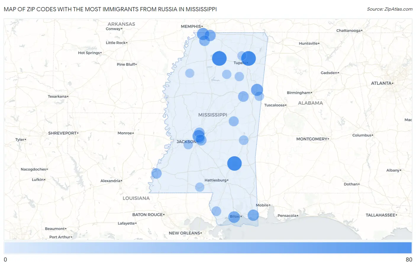 Zip Codes with the Most Immigrants from Russia in Mississippi Map